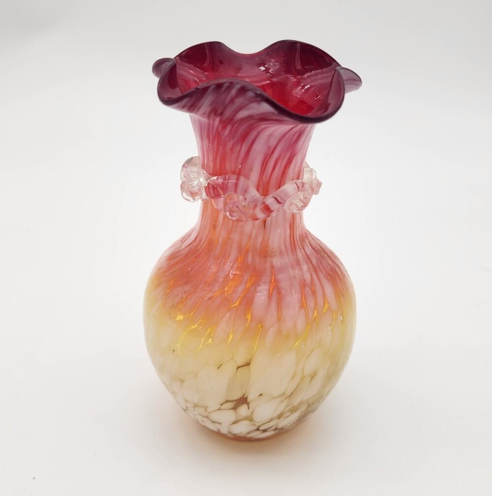 Vintage Kanawha Glass Amberina Red Yellow Ruffles Edge Vase 5" Beautiful